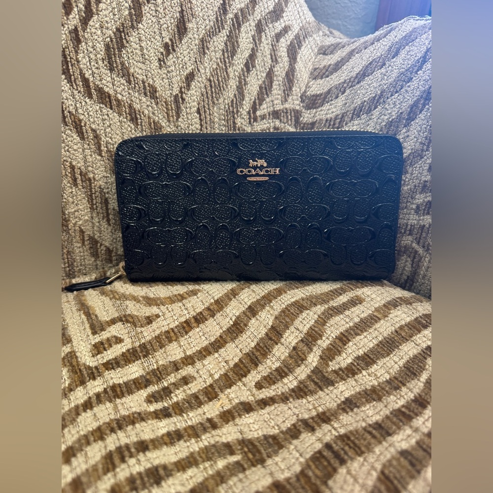 Coach Signature Debossed Patent Leather Accordion Zip Wallet in Black